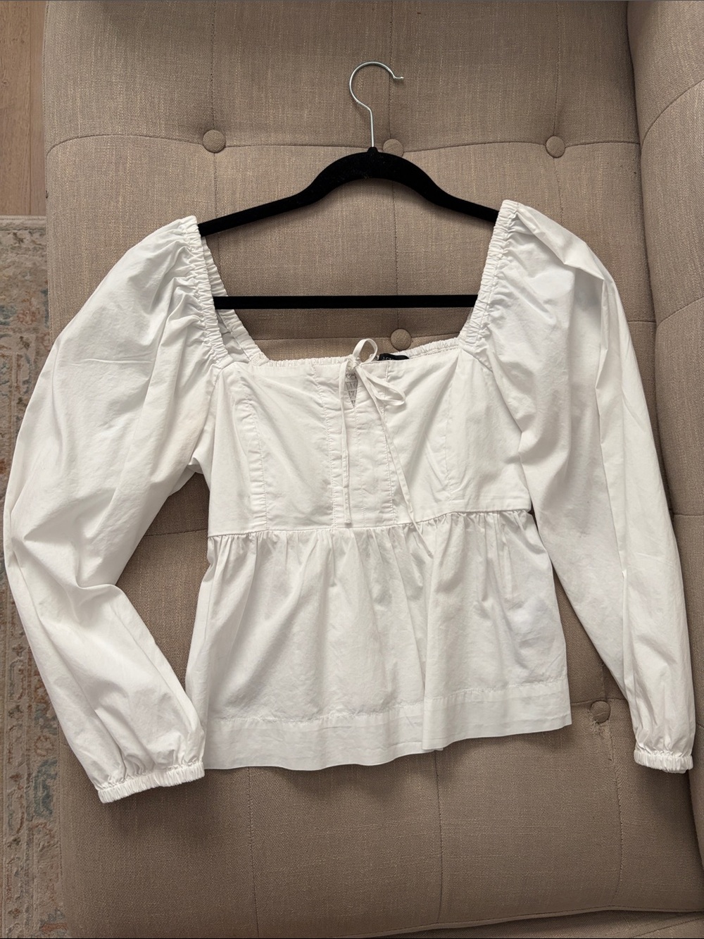 J. Crew White Square-Neck Peplum Blouse with Puff Sleeves